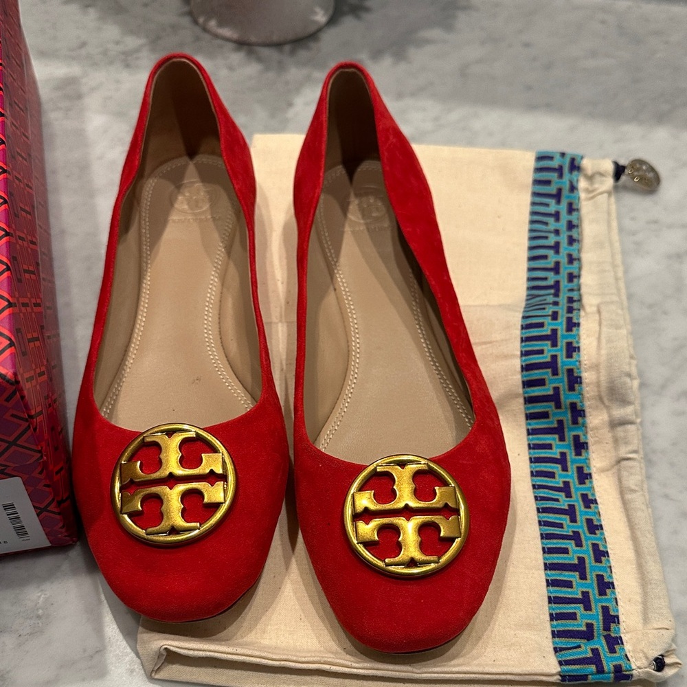 Tory Burch Red Suede Logo Ballet Flats with Gold Medallion